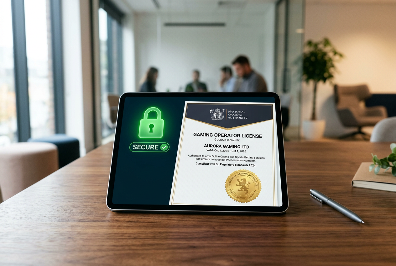 A digital tablet showing a secure gaming license certificate with a gold seal.