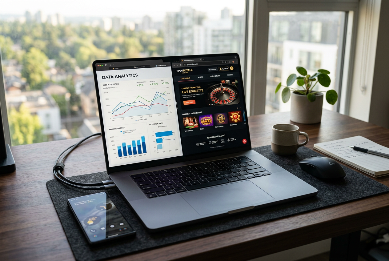 Professional workspace with devices showing analytical data and casino interfaces for review purposes.