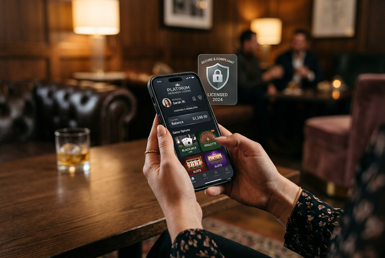 A close-up of a smartphone screen showing a secure lock icon over a casino app interface.