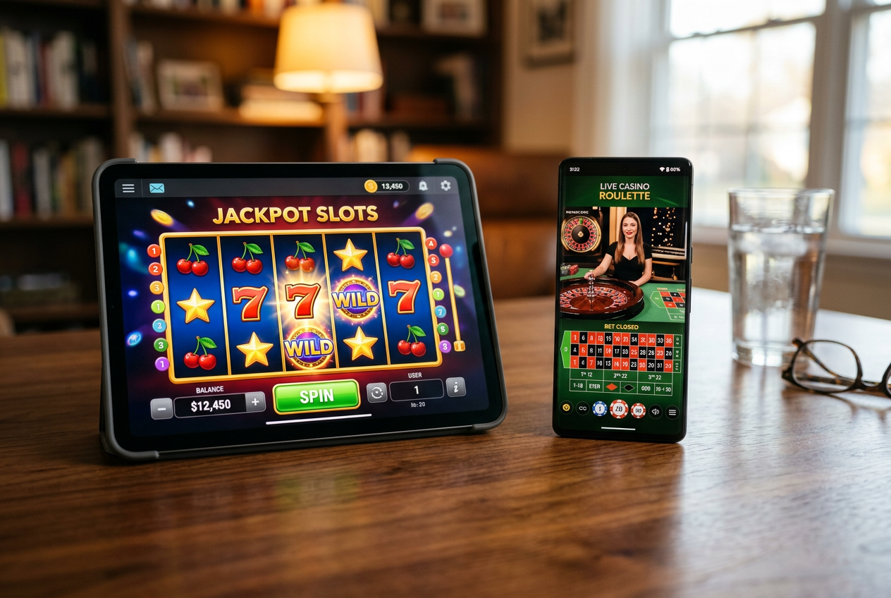 A high-end digital tablet displaying a casino lobby with slots and table games.