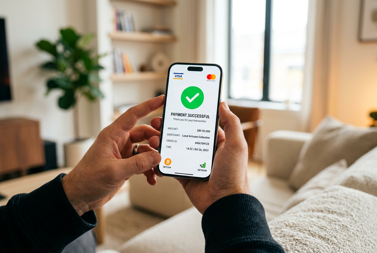 A smartphone showing a secure payment confirmation screen with various digital wallet icons.